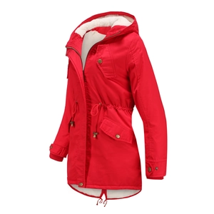 Women's red hooded parka jacket with warm white fleece lining and drawstring waist