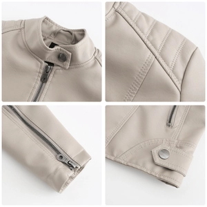 Détails de veste en simili cuir beige avec fermeture éclair, coutures et boucles argent