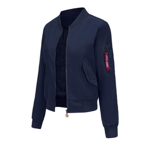 Classic navy blue flight bomber jacket for women with iconic red flight ribbon tag