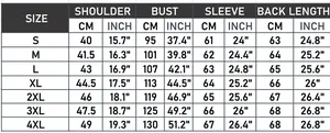 Size guide for hooded faux leather jacket with S to 4XL measurements in CM and INCH