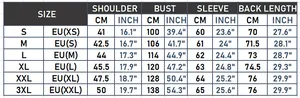 Detailed size chart for hooded rain jacket including shoulder bust and length measurements