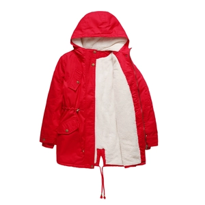 Women's red hooded parka jacket with warm white sherpa lining and adjustable waist