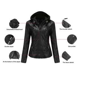 Detail of a black faux leather motorcycle jacket with a detachable hood and zip pockets