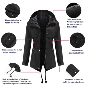 Detail view of black waterproof parka featuring adjustable waist drawstring and metal zippers