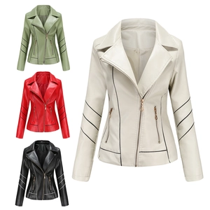 Women's slim fit PU leather biker jacket in four colors with contrast stripe detailing