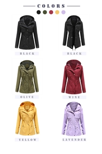 Outdoor hooded raincoat displayed in black olive wine yellow and lavender colors