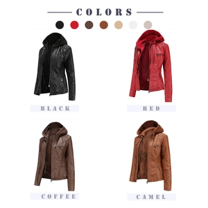 Women's faux leather biker jacket available in black, red, coffee, and camel colors