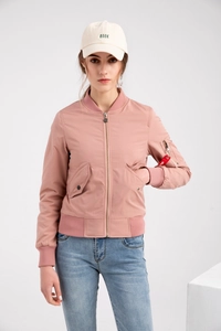 Pink pilot bomber jacket featuring a red flight ribbon and rib-knit cuffs detail