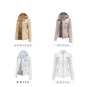 Women's faux leather biker jackets in apricot, beige, and white with removable hoods