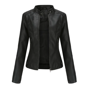 Détails de la veste slim en cuir PU noir pour femme avec col montant et fermeture éclair