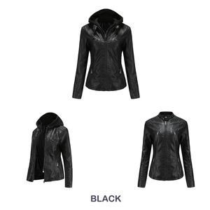 Women's black PU leather biker jacket with a detachable hood in a multi-angle view