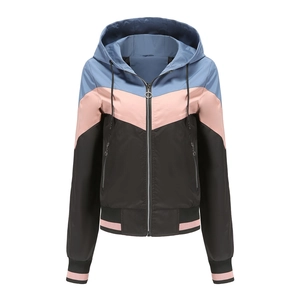 Women's color-block hooded windbreaker jacket with drawstring and pink V-stripe detail