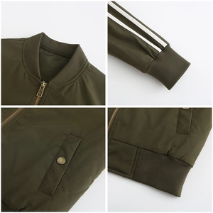 Detail view of olive green bomber jacket featuring ribbed collar and white sleeve stripes