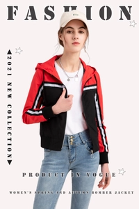 Detailansicht einer Kapuzen-Bomberjacke mit auffälligem rot-schwarzem Color-Block-Design