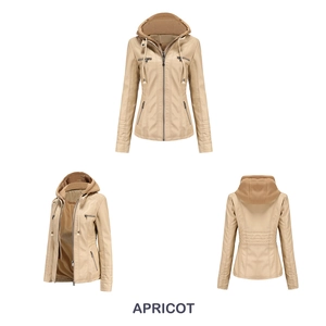 Three-view layout of a women's apricot hooded PU leather jacket with zipper pockets