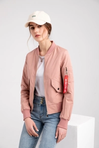 Pink bomber jacket featuring zipper sleeve pocket and red embroidery flight tag detail