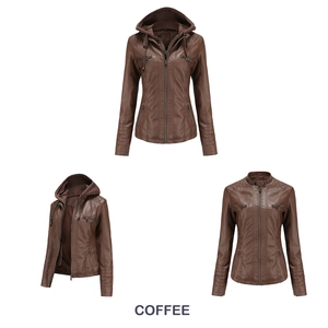 Detail view of coffee PU leather jacket with detachable hood and zipper pockets