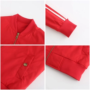 Detailed views of red bomber jacket featuring ribbed collar, cuffs and metal zipper hardware