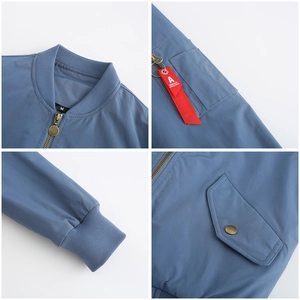 Detailed views of a blue bomber jacket featuring a utility arm pocket and ribbed collar