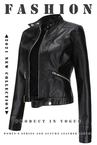 Close-up detail of slim fit black faux leather jacket with metal zipper and stand collar