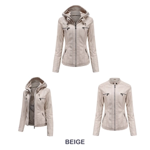 Detail view of beige faux leather jacket with detachable hood and quilted sleeve patterns
