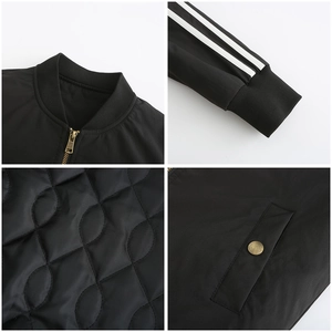 Detail view of bomber jacket showing ribbed collar, gold zipper, and quilted lining texture