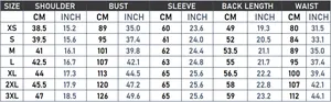 Tableau des tailles pour veste courte en cuir femme avec mesures d'épaules et de poitrine