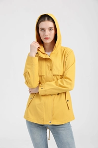 Front view of yellow hooded waterproof jacket with drawstring waist and cargo pockets