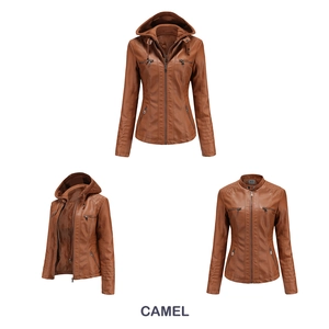 Front and side views of camel faux leather jacket with detachable hood and zipper pockets