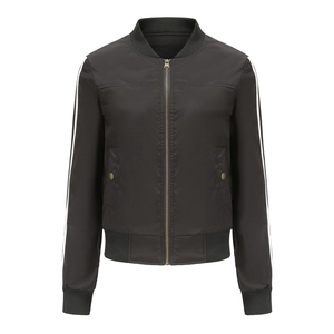 Detail of black bomber jacket featuring white sleeve stripes and ribbed elastic cuffs