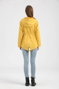 Rear view of long yellow hooded windbreaker with adjustable waist drawstring and fishtail hem