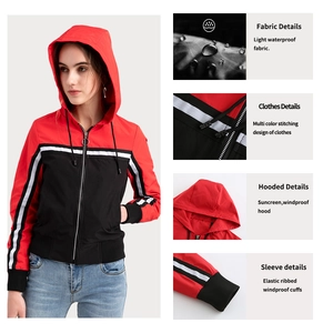 Detail der rot-schwarzen leichten Windjacke mit wasserfestem Stoff und Kapuze