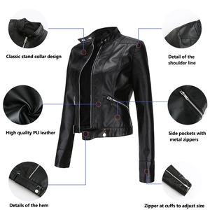 Detail view of black PU leather motorcycle jacket featuring stand collar and metal zippers