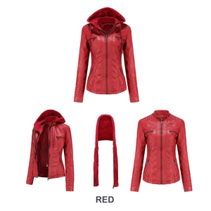 Detail view of the red PU leather jacket with detachable hood and zipper pockets