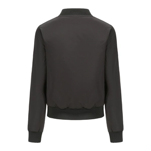 Rear view of a classic black bomber jacket with ribbed collar and cuffs for women