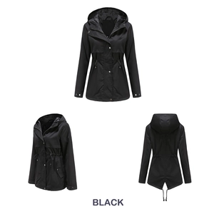 Multiple views of a black hooded windbreaker coat featuring drawstring waist and fishtail hem