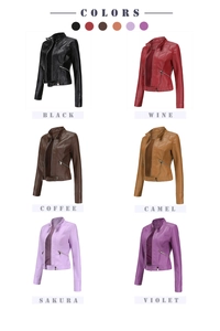 Short PU leather jackets for women shown in six colors with zippers and stand collar