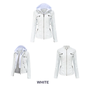 Three-view display of women's white faux leather jacket with removable hooded sweatshirt layer