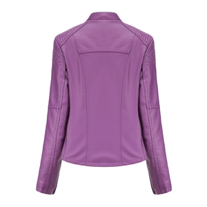 Back view of slim fit purple faux leather jacket showing quilted details on shoulders