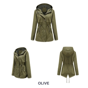 Detailed views of olive hooded raincoat with drawstring waist and flap pockets