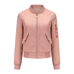 Pink bomber jacket sleeve detail with zipper pocket and red decorative ribbon strap