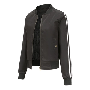 Women's black bomber jacket with white sleeve stripes and a classic baseball collar style