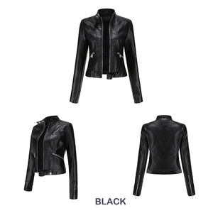 Three-view perspective of slim fit black faux leather jacket with stand collar and zippers