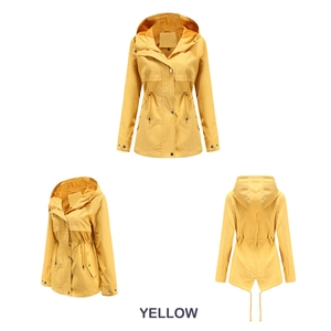 Detailed views of yellow hooded raincoat with drawstring waist and fishtail hem design