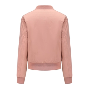 Rear view of a pink satin bomber jacket featuring ribbed trim and a sleeve zipper pocket