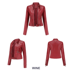 Three-sided view of wine red faux leather jacket with stand collar and metal zipper details
