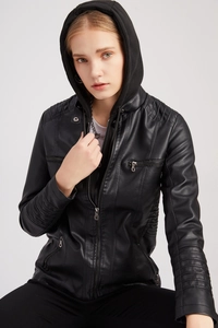 Detail of hooded black faux leather jacket with metal zippers and quilted shoulder stitching