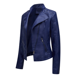 Detail of dark blue PU leather jacket showing quilted shoulders and notch lapel collar