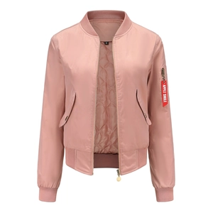Pink women's bomber jacket with satin finish and diamond quilted lining and sleeve pocket