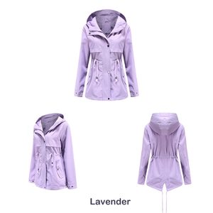 Lavender hooded trench coat details with waist drawstring and swallowtail back split